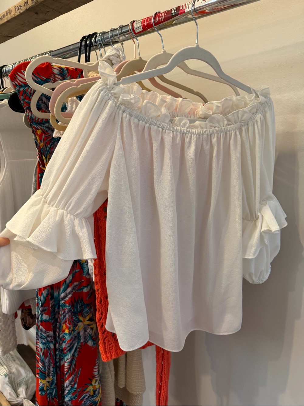 Olivaceous White Off-Shoulder Ruffle Sleeve Top